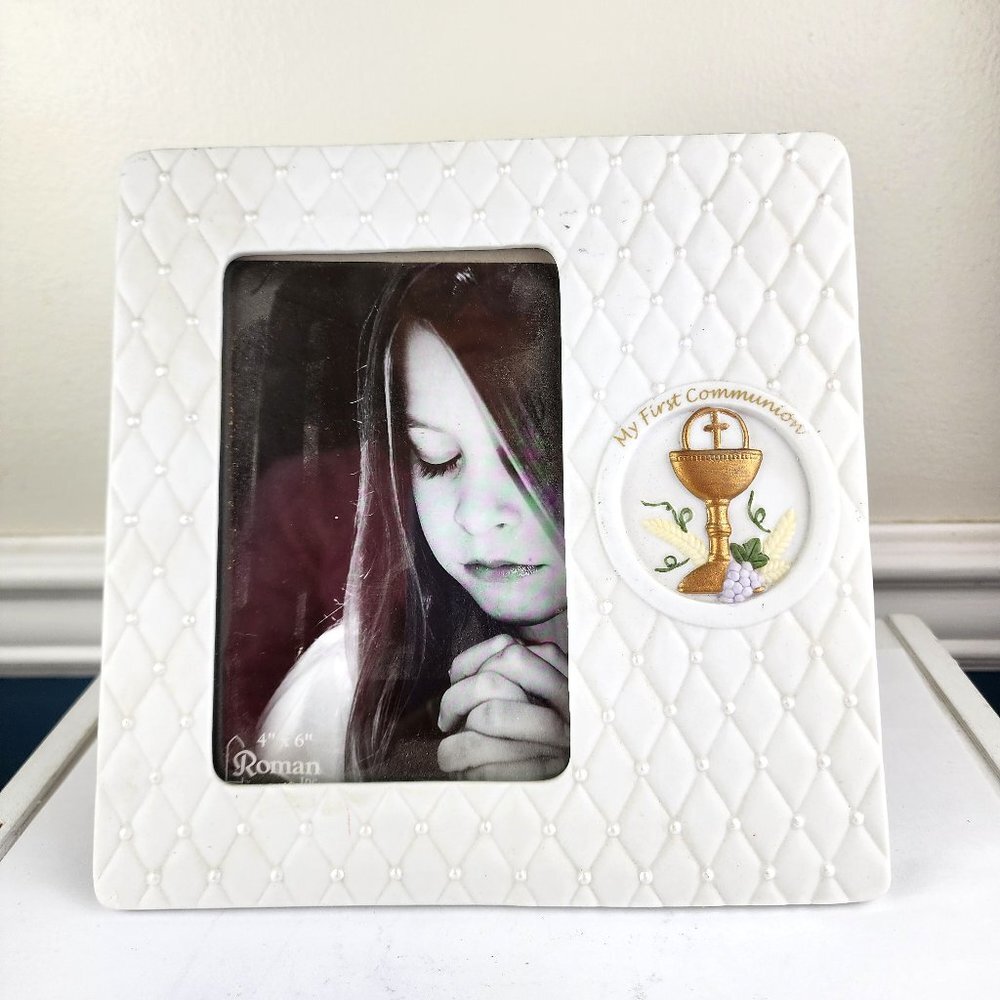 Roman My First Communion Ceramic Beaded Quilted Look Picture Frame NWT